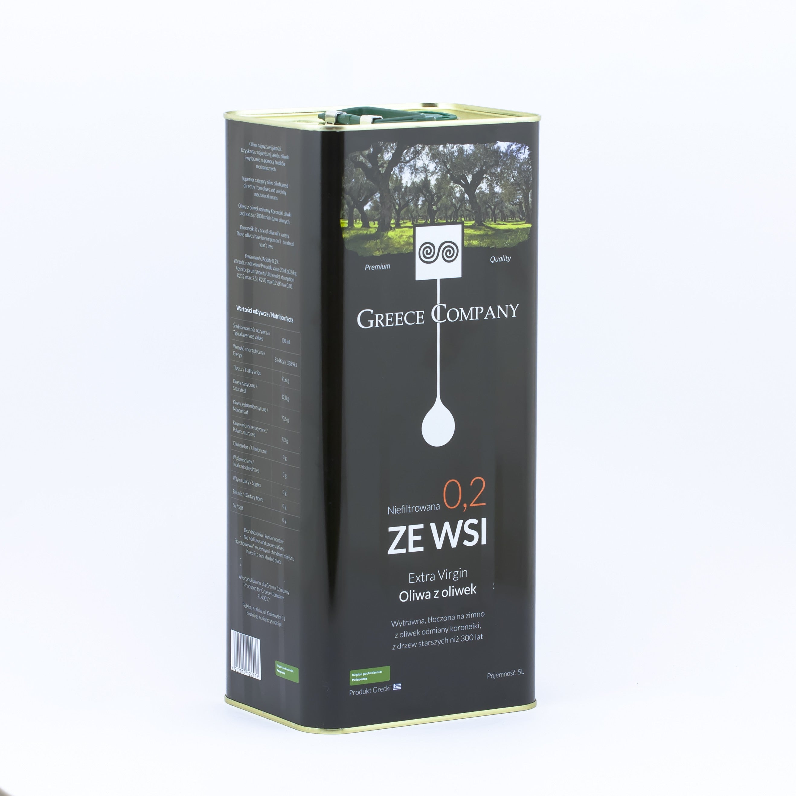 Oliwa z oliwek ZE WSI niefiltrowana Extra Virgin  wytrawna 0.2% 5 L
