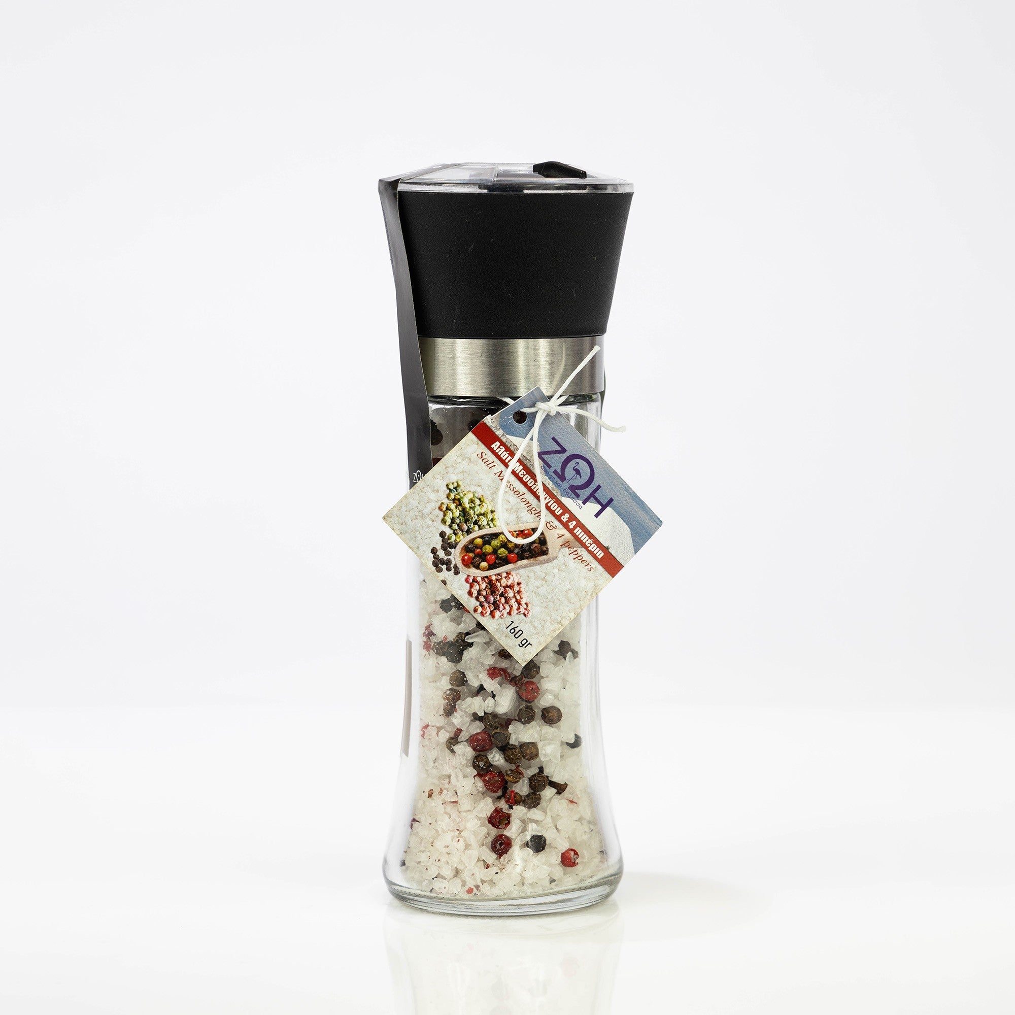 Sea salt from Lake Messolonghi with four types of pepper in a grinder 160g