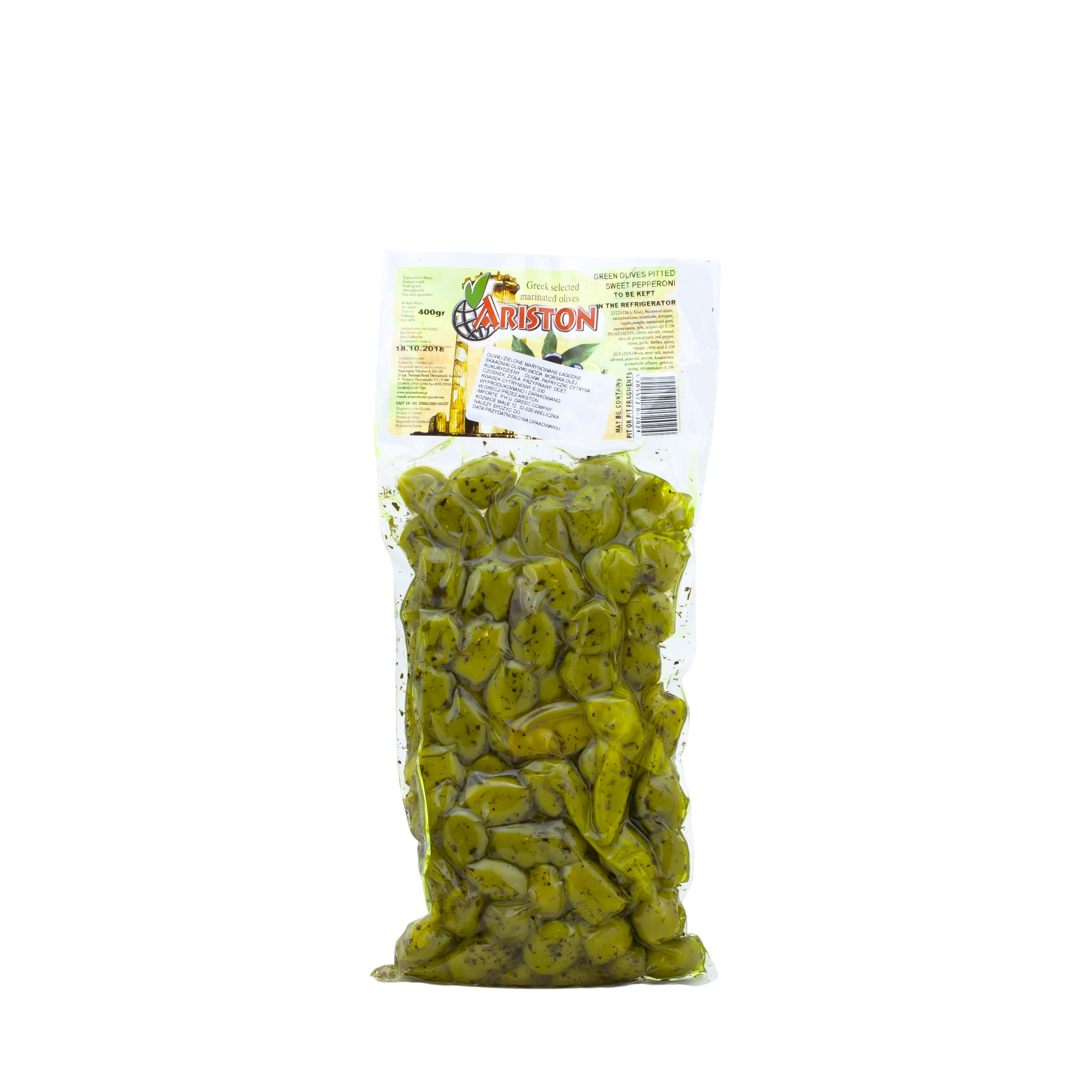 Pitted Green Mild Marinated Olives 400g